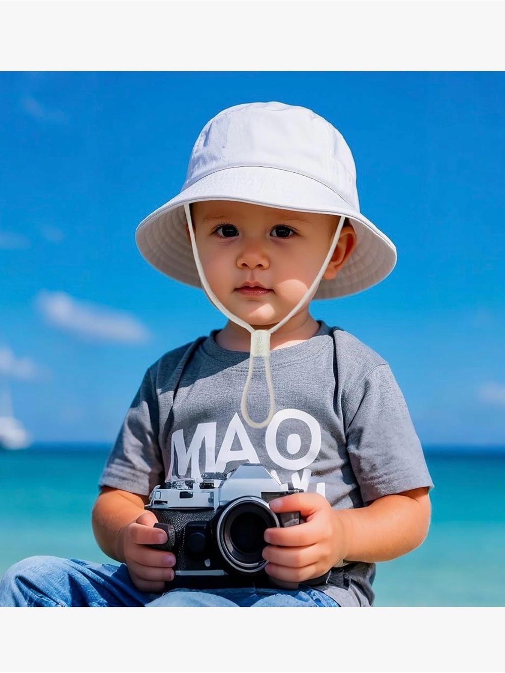 Light Blue Baby Boy Girl Bucket Sun Hat Chin Strap Cotton Linen Blend Sz 6-12 m - Picture 5 of 5